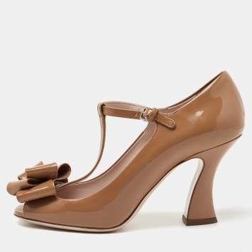 Pre Owned Miu Miu Brown Patent Leather Bow Peep Toe T-Bar Pumps Size 38