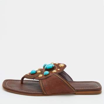 Pre Owned Miu Miu Dark Brown Leather Stone Studded Thong Flat Sandals Size 37