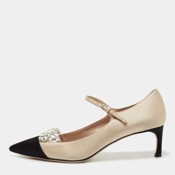 Pre Owned Miu Miu Beige/Black Satin Crystal Embellished Mary Jane Pumps Size 36