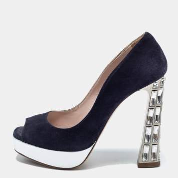 Pre Owned Miu Miu Navy Blue Suede Crystal Heel Peep Toe Platform Pumps Size 36