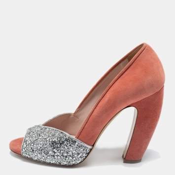 Pre Owned Miu Miu Silver/Coral Pink Coarse Glitter and Suede Peep-Toe Pumps Size 36.5