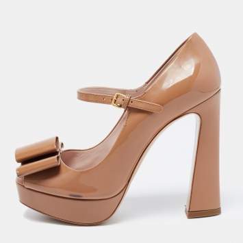 Pre Owned Miu Miu Light Brown Patent Leather Bow Open-Toe Mary Jane Pumps Size 36.5