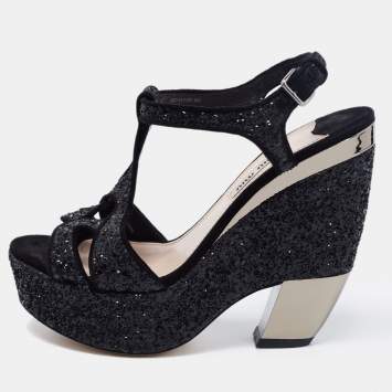 Pre Owned Miu Miu Black Coarse Glitter Curved Heel Platform Ankle Strap Sandals Size 36.5