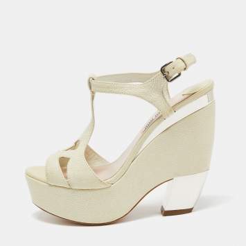 Pre Owned Miu Miu Cream Textured Leather Strappy Platform Block Heel Sandals Size 36
