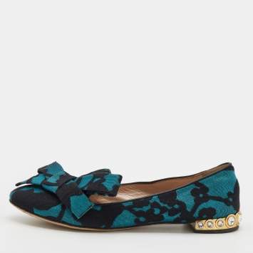 Pre Owned Miu Miu Blue/Black Jacquard Bow Embellished Smoking Slippers Size 38.5 