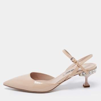 Pre Owned Miu Miu Beige Patent Leather Crystal Ankle Strap Sandals Size 36
