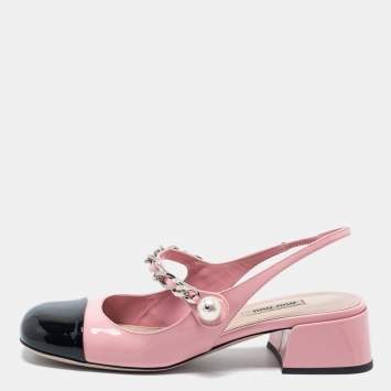 Pre Owned Miu Miu Pink/Black Patent Leather Embellished Slingback Pumps Size 36.5