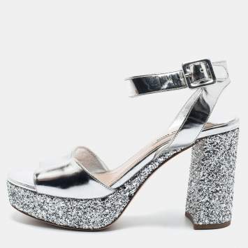 Pre Owned Miu Miu Silver Glitter and Leather Platform Ankle Strap Sandals Size 38.5