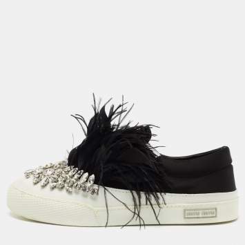 Pre Owned Miu Miu Black/White Satin and Feathers Slip On Sneakers Size 40