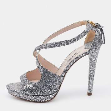 Pre Owned Miu Miu Silver Textured Leather Criss Cross Platform Sandals Size 37