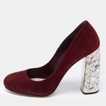 Pre Owned Miu Miu Burgundy Suede Crystal Embellished Pumps Size 36.5