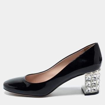 Pre Owned Miu Miu Black Patent Crystal Embellished Block Heel Pumps Size 36.5