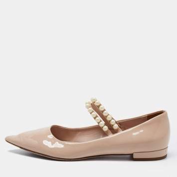 Pre Owned Miu Miu Beige Patent Leather Pearl Embellished Mary Jane Ballet Flats Size 37