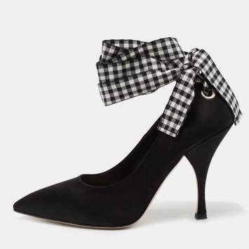 Pre Owned Miu Miu Black Satin Ankle Wrap Pointed Toe Pumps Size 38