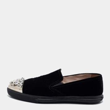 Pre Owned Miu Miu Black Velvet Crystal Embellished Toe Cap Slip On Sneakers Size 38