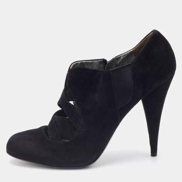 Pre Owned Miu Miu Black Suede and Stretch Fabric Cut-Out Booties Size 40
