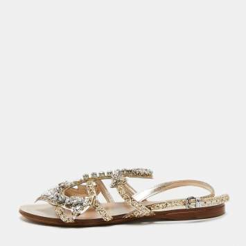 Pre Owned Miu Miu Gold/Silver Glitter and Leather Crystal Embellished Flat Sandals Size 36
