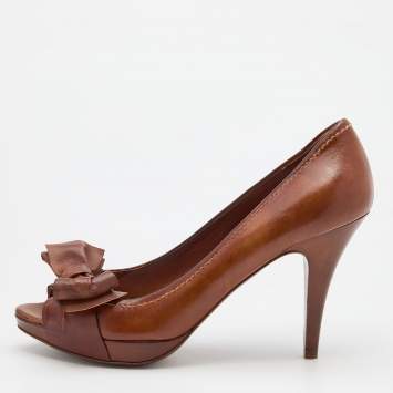 Pre Owned Miu Miu Dark Brown Leather Bow Peep Toe Pumps Size 38