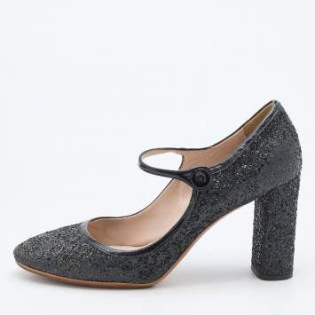 Pre Owned Miu Miu Black Glitter and Patent Leather Mary Jane Pumps Size 38