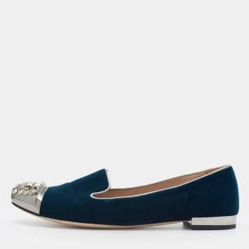 Pre Owned Miu Miu Blue Velvet Embellished Cap Toe Smoking Slippers Size 37