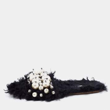 Pre Owned Miu Miu Black Faux Fur Pearl Embellished Slide Flats Size 38