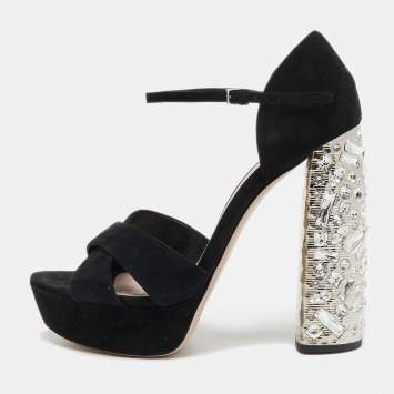 مملوكة مسبقًا Miu Miu Black Suede Crystal Embellished Ankle Strap Sandals Size 37.5
