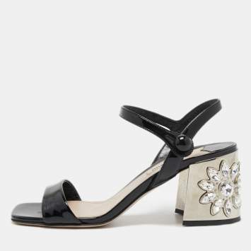 Pre Owned Miu Miu Black Patent Leather Crystal Embellished Block Heel Ankle Strap Sandals Size 36