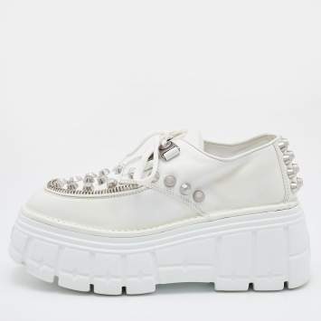 Pre Owned Miu Miu White Leather Embellished Platform Derby Sneakers Size 38.5