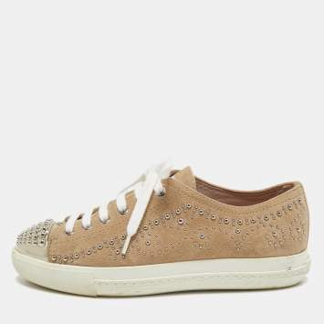 Pre Owned Miu Miu Beige Studded Suede Low Top Sneakers Size 35
