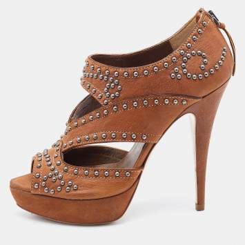 Pre Owned Miu Miu Brown Leather Studded Platform Sandals Size 37