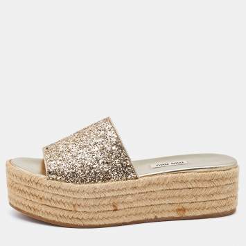 Pre Owned Miu Miu Gold Glitter Platform Espadrille Slides Size 37