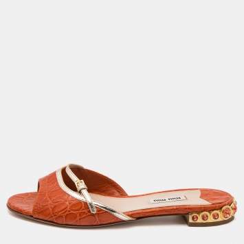 Pre Owned Miu Miu Orange Crocodile Leather Slides Size 37.5 