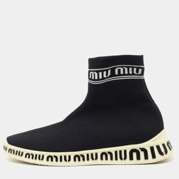Pre Owned Miu Miu Black Knit Fabric Sock High Top Sneakers Size 39