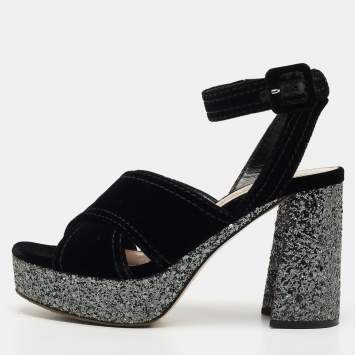 Pre Owned Miu Miu Black Velvet and Glitter Platform Ankle Strap Sandals Size 37
