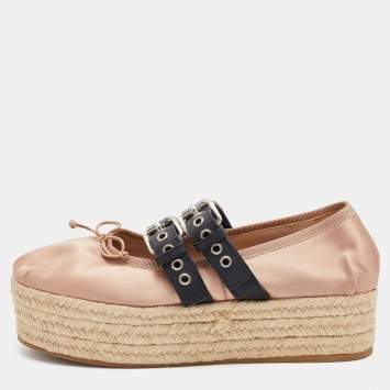 Pre Owned Miu Miu Beige/Black Satin and Leather Belted Ballet Platform Espadrille Flats Size 39.5