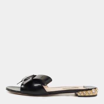 Pre Owned Miu Miu Black Patent Leather Bow Crystal Embellished Flat Slides Size 38.5