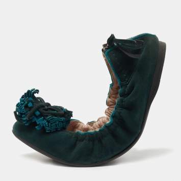 Pre Owned Miu Miu Dark Green Suede Fringe Bow Scrunch Ballet Flats Size 38