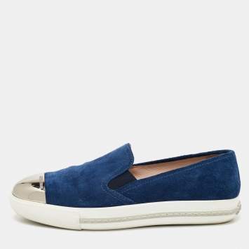 Pre Owned Miu Miu Blue Suede Metal Cap Toe Slip On Sneakers Size 37