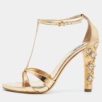 Pre Owned Miu Miu Metallic Gold Leather T-Strap Sandals Size 38.5