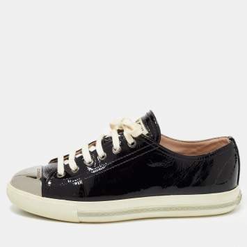 Pre Owned Miu Miu Black Patent Leather Metal Cap Toe Low Top Sneakers Size 38.5