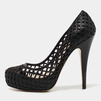 Pre Owned Miu Miu Black Woven Leather Platform Pumps Size 35