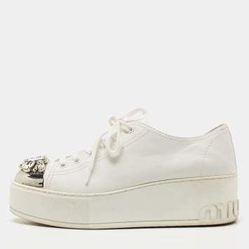 Pre Owned Miu Miu White Leather Crystal Embellished Cap Toe Platform Sneakers Size 37.5