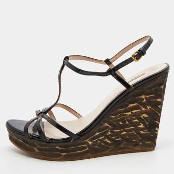 Pre Owned Miu Miu Black Patent Leather T-Strap Platform Wedge Sandals Size 38