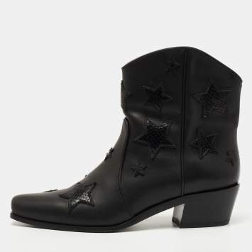 Pre Owned Miu Miu Black Leather and Embossed Snakeskin Star Cowgirl Boots Size 37.5