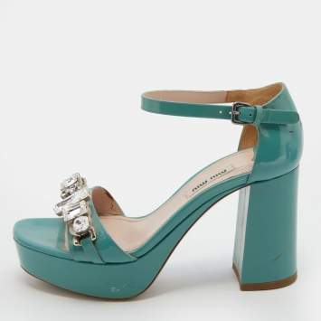 Pre Owned Miu Miu Mint Green Patent Leather Crystal Embellished Platform Ankle Strap Sandals Size 36.5