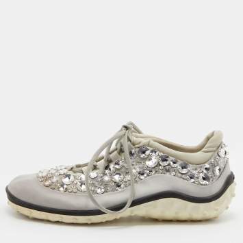 Pre Owned Miu Miu Grey Neoprene Fabric Astro Crystal Embellished Low Top Sneakers Size 38
