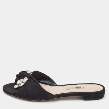 Pre Owned Miu Miu Black Satin Crystal Embellished Knotted Flat Slides Size 38 