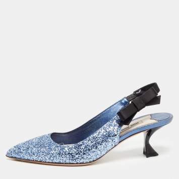 Pre Owned Miu Miu Blue Coarse Glitter Bow Slingback Pumps Size 38