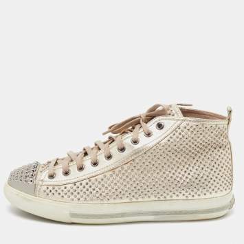 Pre Owned Miu Miu Gold Foil Leather Studded High Top Sneakers Size 40