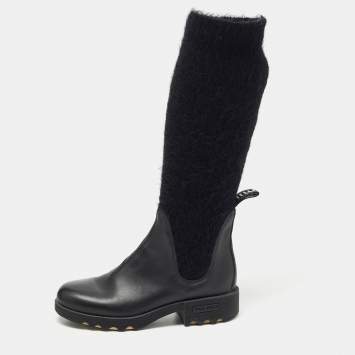 Pre Owned Miu Miu Black Fur and Leather Biker Boots Size 37